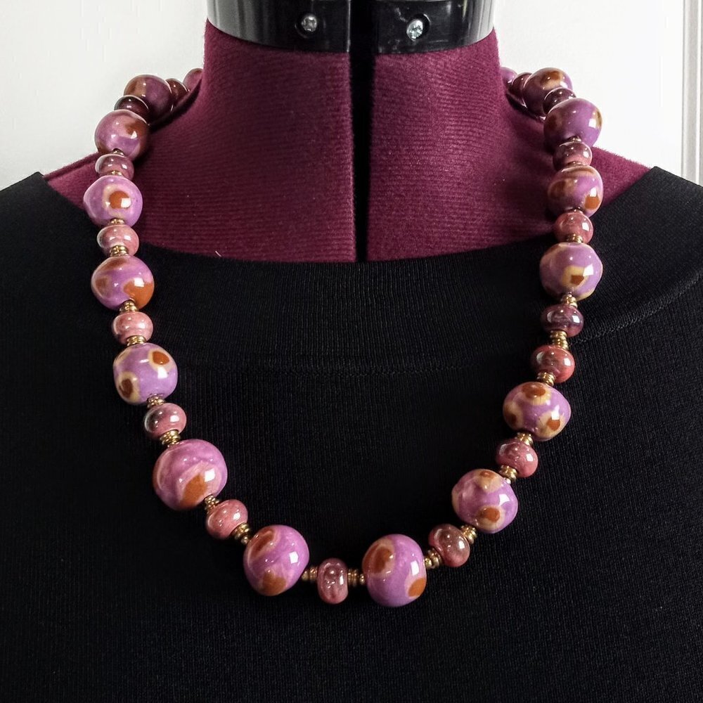 Handmade Artisan Mauve Pink Ceramic Beaded 24" Necklace